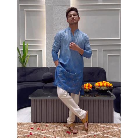 Buy KISAH Men Navy Blue Kurta Churidar (Set of 2) Online