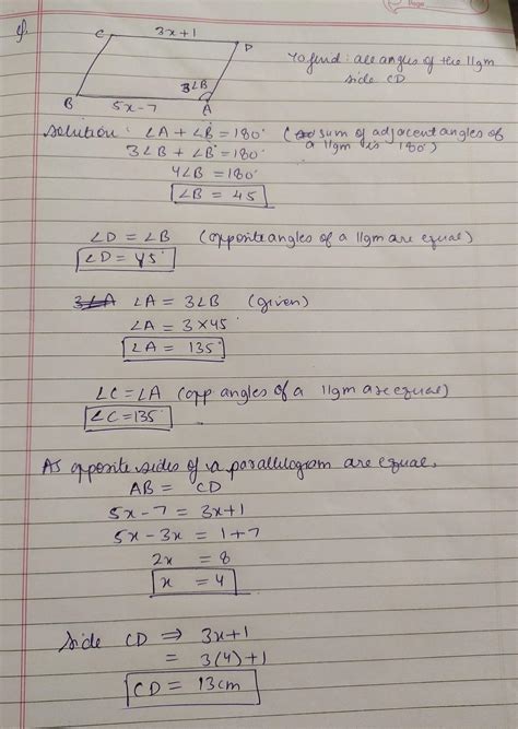 In parallelogram ABCD, angle A =3 times angle B Find all the angles of ...