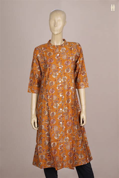 Chinese Neck Floral Design Golden Brown Silk Cotton Long Kurta