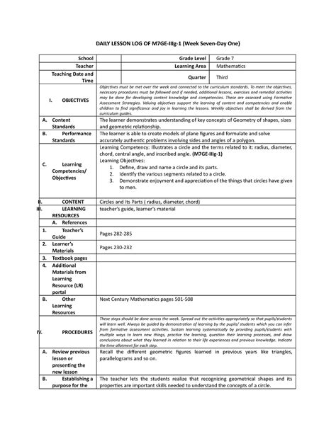 Image result for Grade 7 12 Daily Lesson Log