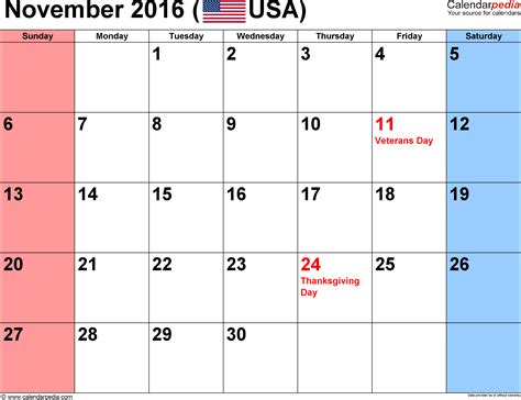 November 2016 Calendar | Templates for PDF, Excel and Word