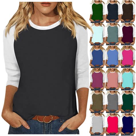 DDAPJ pyju Womens 3/4 Sleeve T-shirts Color Block Casual Round Neck ...