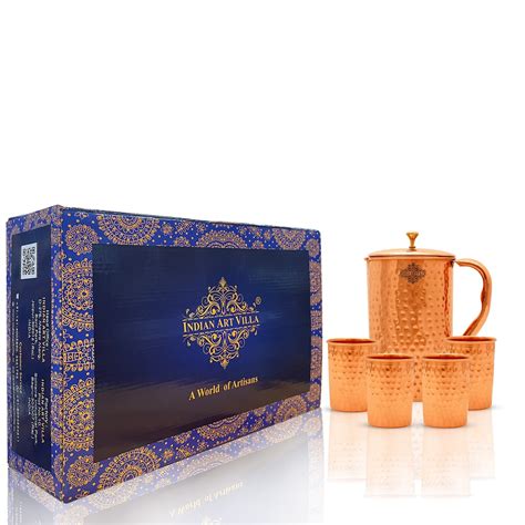 Handmade Pure Copper Hammered Design Jug & Glass with Box, Drinkware G