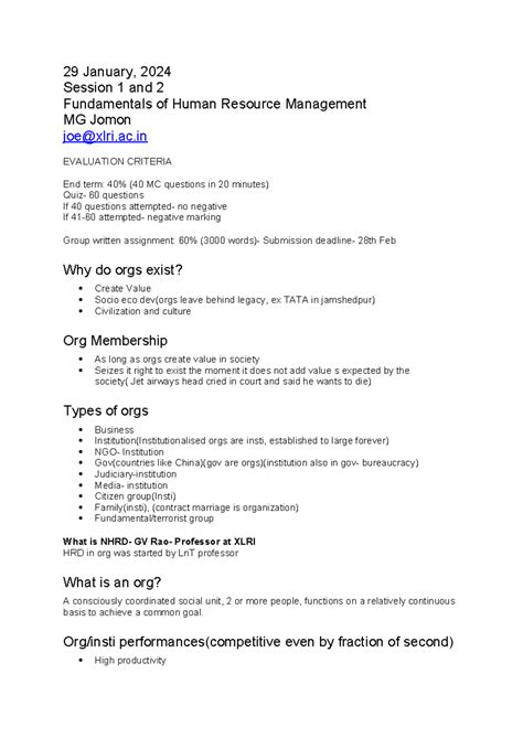 FHRM Notes - 29 January, 2024 Session 1 and 2 Fundamentals of Human ...