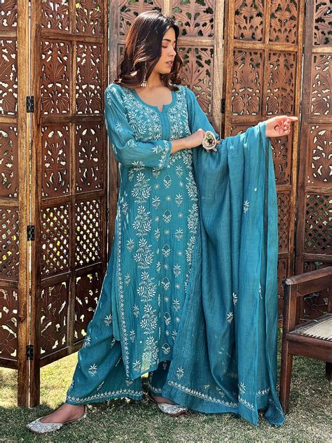 Teal Green Eshika Mulmul Chanderi Chikankari Kurti Palazzo Set with Du