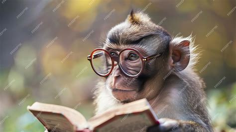Premium Photo | A monkey wearing glasses looks intently at a book