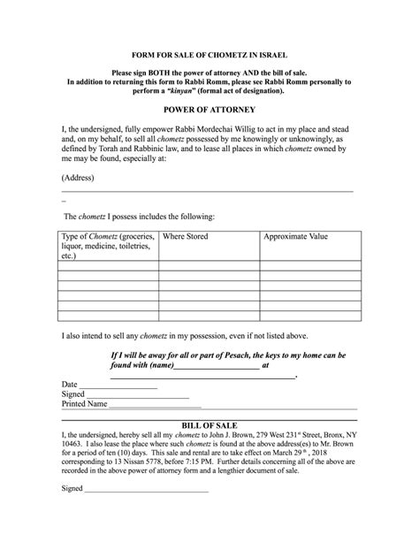 Fillable Online Power of Attorney to Sell Chametz and Rent Premises ...