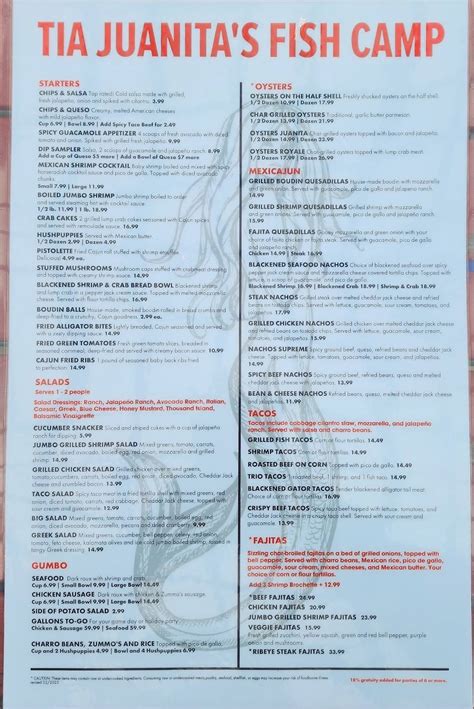 Menu at Tia Juanita's Fish Camp restaurant, Winnie
