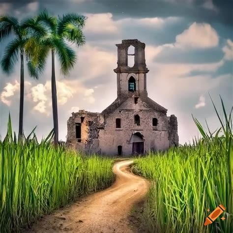 Realistic depiction of a sugar cane field with a Spanish church ruin on ...