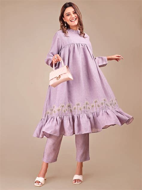 Lavender Colored Stylized Embroidered Empire Linen Co-ord Set