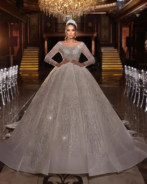 Elegant Long Sleeved Wedding Gowns: V Neck Ball Gown With Sequins ...