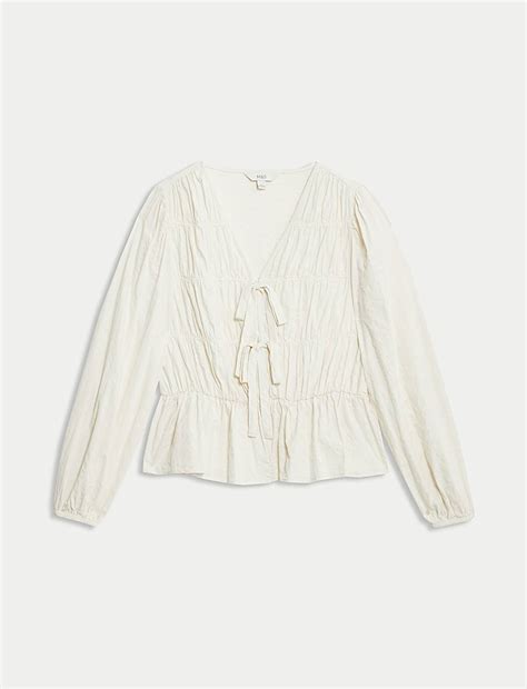 Buy Cotton Rich Tie Front Blouse at Marks & Spencer