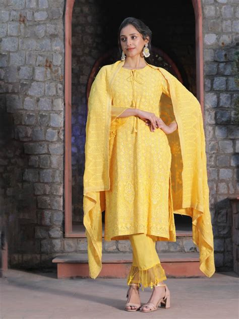 Handme's Chikankari Heavy Embroidered Yellow Suit with Dupatta äóñ ...