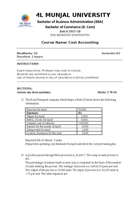 SAMPLE PAPER FOR EXAM - BML MUNJAL UNIVERSITY Bachelor of Business ...