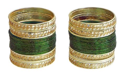 Buy DollsofIndia Two Sets of Glitter Dark Green with Golden Bangles ...