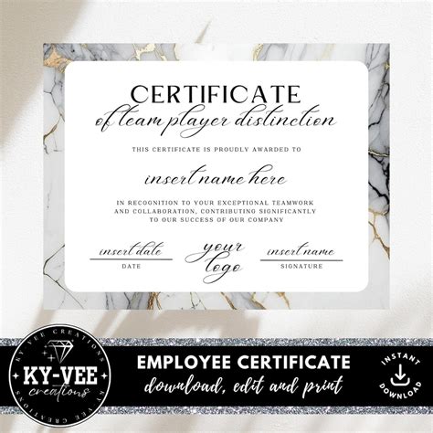 Template for Certificate of Team Player Distinction, INSTANT DOWNLOAD ...