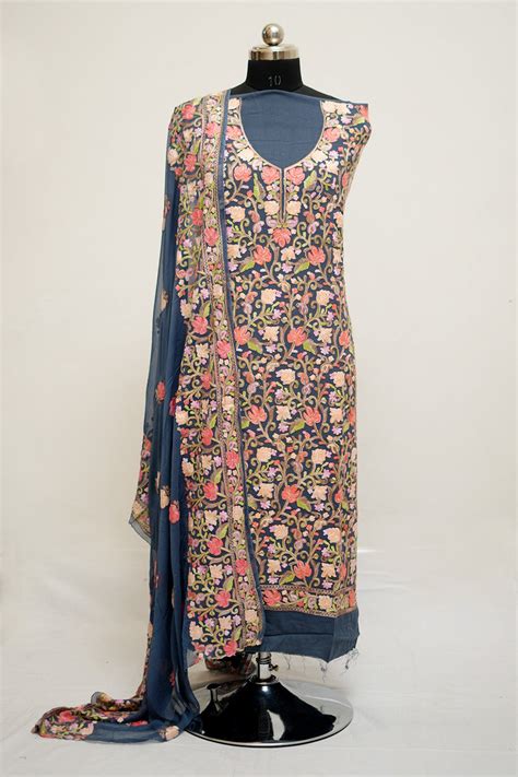 Grey colour aari work salwar kameez with heavy jaal pattern