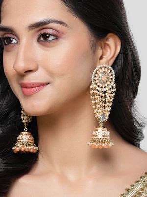 Buy Karatcart Gold Plated Peach Beads Floral Kundan Jhumki Drop Earring ...