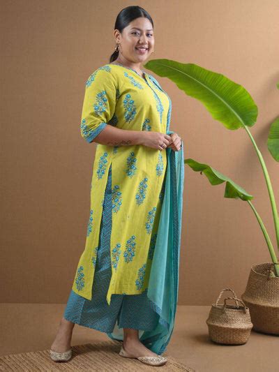 Buy Plus Size Green Printed Cotton Straight Kurta With Palazzos ...