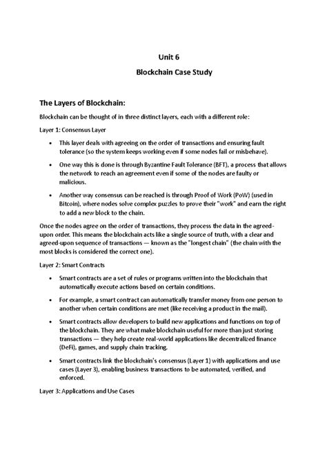 BCT Unit 6 - Notes - Unit 6 Blockchain Case Study The Layers of ...