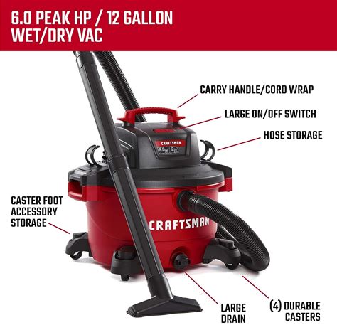 CRAFTSMAN CMXEVBE17594 12 Gallon 6.0 Peak HP Wet/Dry Vac, Portable Shop Vacuum with Attachments ...
