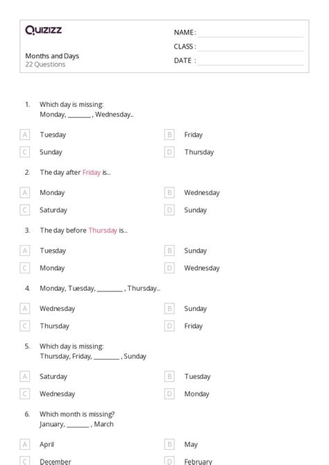 50+ Days, Weeks, and Months on a Calendar worksheets for 1st Class on ...