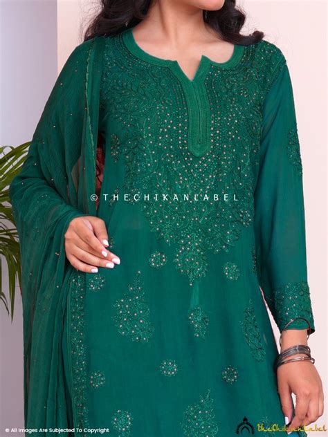 Green Liyana Viscose Chikankari Straight Kurta Set with Dupatta