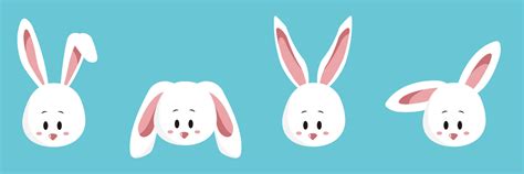 face set of a cute white rabbit. Kawaii bunny ear emoji, or bunny ...