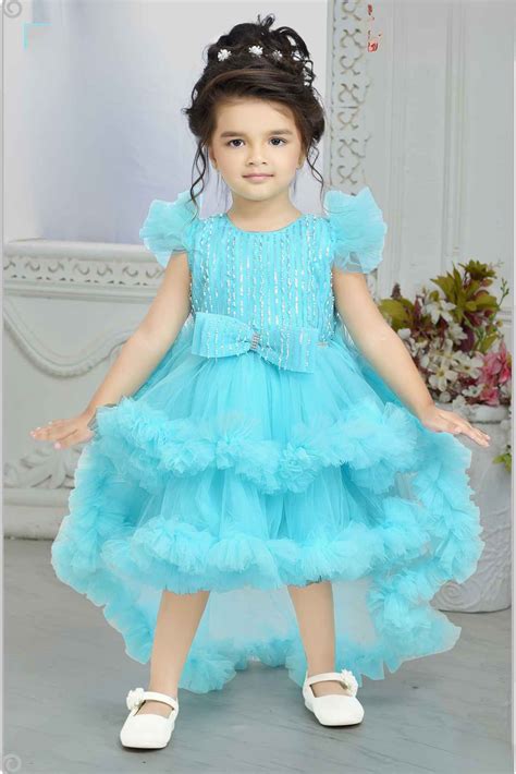 Blue Sequin Tailback Frock With Bow Embellished For Girls – Lagorii Kids