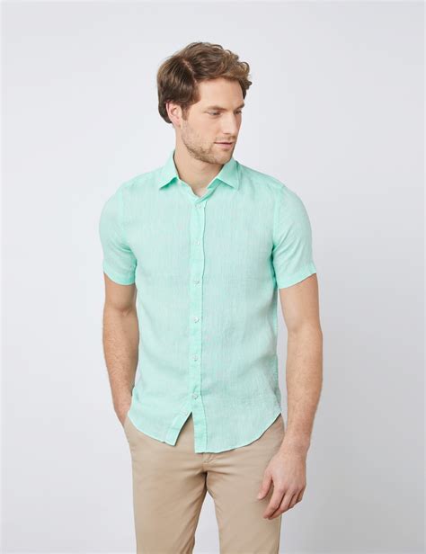 Men’s Mint Green Tailored Fit Short Sleeve Linen Shirt | Hawes & Curtis