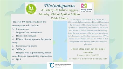 Me(not)pause - A Talk by Dr. Sabine Eggers @ Cahir Library, Cahir ...