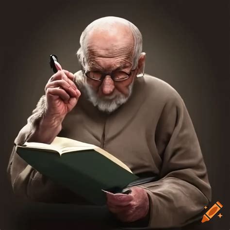 Elderly man writing a book