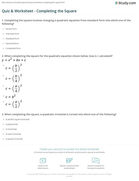 Quiz & Worksheet - Completing the Square | Study.com
