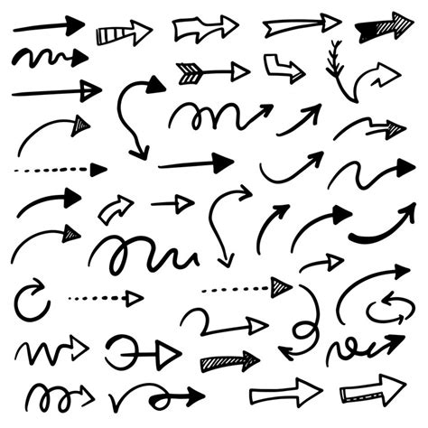 Hand drawn arrow set with curved straight dotted and swirled ...