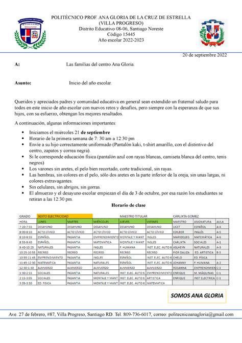 Horario 6to grado. Comunicación#2 - POLITÉCNICO PROF. ANA GLORIA DE LA ...