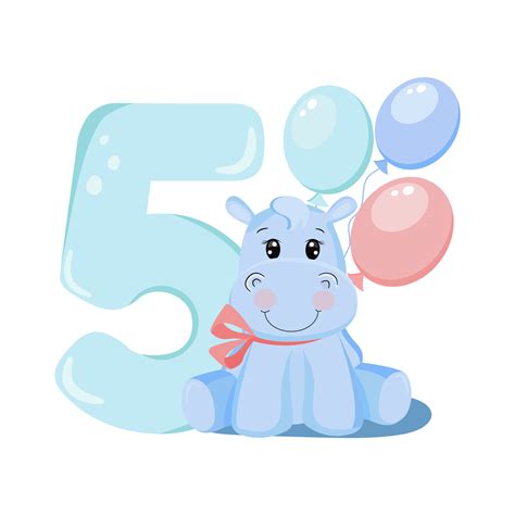 Cute baby boy hippo. Birthday invitation. Five years, 5 months. Happy ...