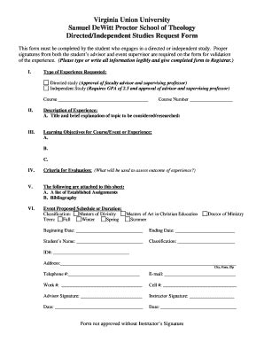 Fillable Online vuu Directed Independent Studies Request Form - vuu Fax ...