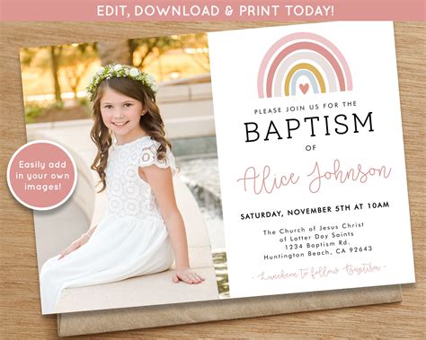 LDS Baptism Invitation Girl Baptism Invitation Editable Rainbow Baptism ...