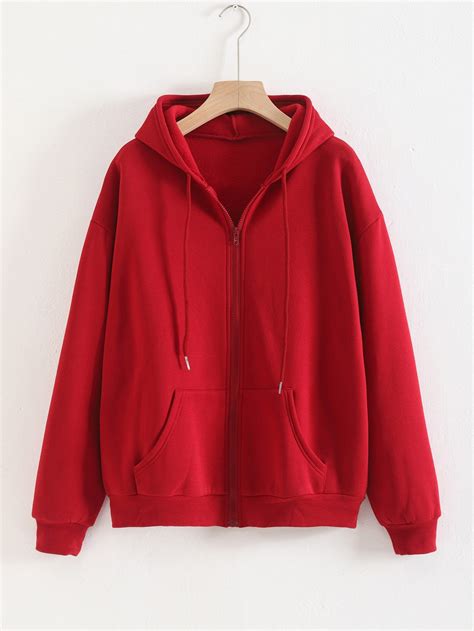 Solid Zip Up Drawstring Thermal Lined Hoodie | Red jacket outfit, Red ...