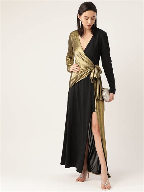 Women's Black and Gold Wrap Maxi Dress | Elegant Party Wear Gown – Dodo ...