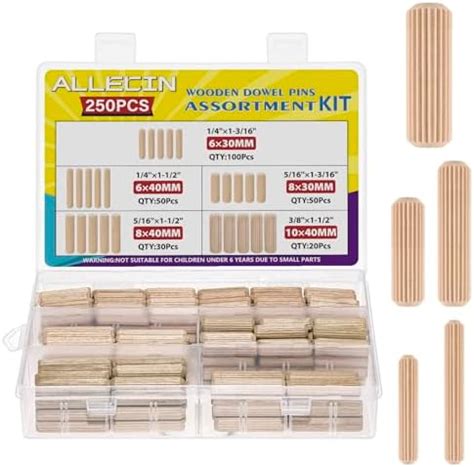 ALLECIN 5 Sizes 250Pcs Wooden Dowel Pins Kit 1/4 3/8 5/16 Inch Small ...
