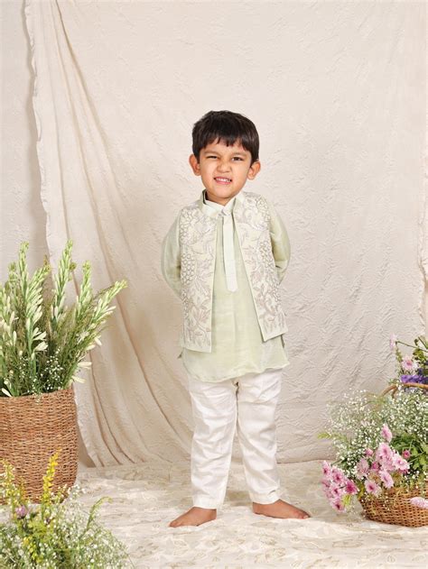 Pastel Green Gota And Pearl Embroidered Nehru Jacket set