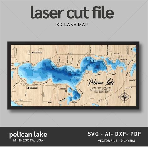 Pelican Lake, Minnesota Laser Map Files - 9 Layers - Svg/Ai/Dxf/Pdf ...