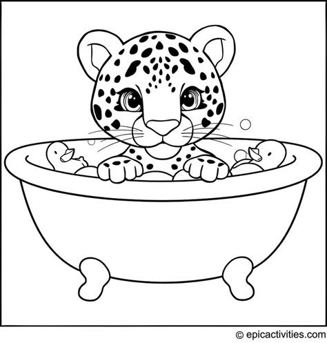 Coloring page of a Jaguar Enjoying a Bubble Bath with Rubber Duckies ...