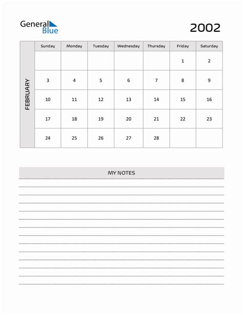 February 2002 Printable Monthly Calendar with Notes