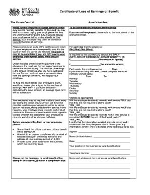 Fillable Online Certificate of Loss of Earnings or Benefit January 2011 ...