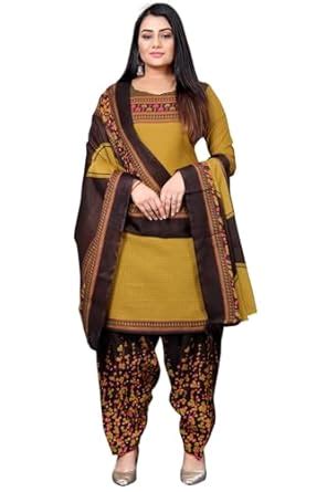 Rajnandini Women's Mustard & Brown Cotton Blend Printed Unstitched ...