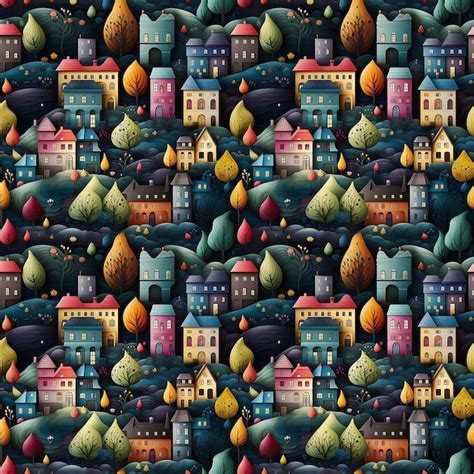 Little town in vivid colors seamless pattern | Premium AI-generated image