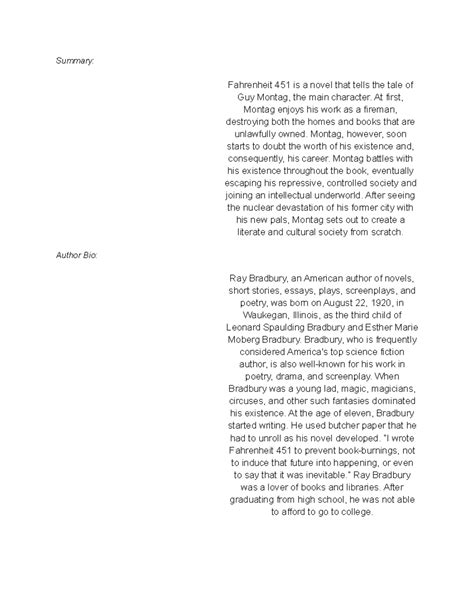 Copy of Fahrenheit 451 - Summary: Fahrenheit 451 is a novel that tells the tale of Guy Montag ...