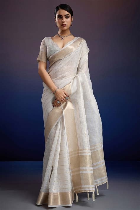 Off White Pure Linen Saree with Gold Toned Zari Weave